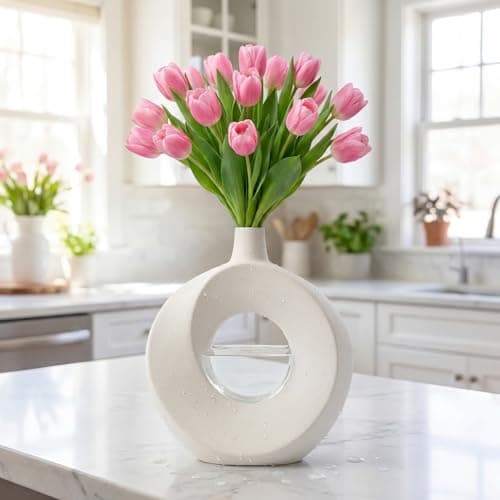 DSYSMIN 10.24" White Ceramic Donut Vase for Pampas Grass - Modern Speckled Matte Circular Hollow Vase, Minimalist Japandi Style Flower Vase for Living Room, Mantel, Kitchen (Watertight & Handmade) - Thumbnail 5