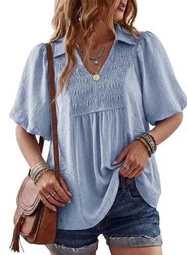 Astylish Women's Spring Summer Ruched V Neck Peplum Tops Short Puff Sleeve Babydoll Ruffle Blouse Shirts Beau Blue Medium - Image 1