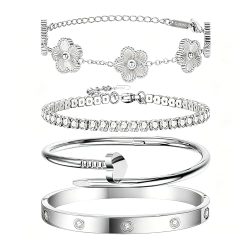 JINDETAI Stackable Silver Bracelets for Women - 3/4/5 Sets, Non-Tarnish Stainless Steel & Sterling Silver Trendy Stackable Bangle Jewelry Set, Gifts for Valentine's Day, Birthday, Prom and Christmas