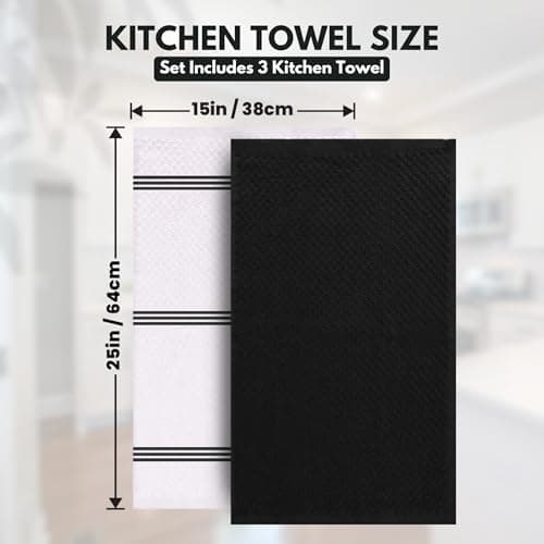 Infinitee Xclusives Premium Kitchen Towels – Pack of 3, 100% Cotton |15 x 25| Inches Absorbent Dish Towels - Terry Kitchen Dishcloth Towels - Black Dish Cloth for Household Cleaning - Thumbnail 4
