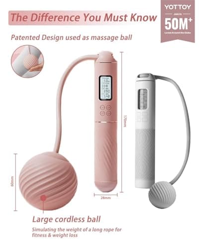 YOTTOY Cordless Jump Rope with Counter - Ropeless Jump Rope 2 In 1 with Large Cordless Ball-Weighted for Women with LCD Display (Pink) - Thumbnail 2