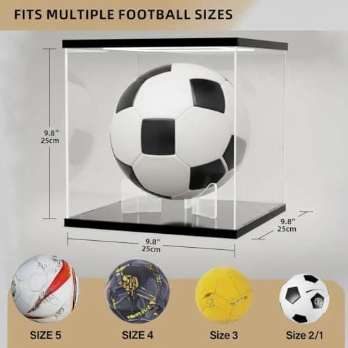 Sheenory Acrylic Soccer Display Case with RGB LED Lights, Dustproof Memorabilia Display Box Showcase for Soccer and lego Collectibles with Removable Ball Stand & UV Protection(Black 9.8x9.8x9.8inch) - Thumbnail 2