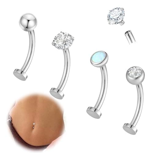 Gnbaoya 4 Pcs 14G Titanium Floating Belly Button Rings for Women Hypoallergenic Flat Back Belly Button Ring 8mm/10mm/12mm/14mm Internally Threaded CZ Opal Navel Rings Piercing Jewelry (Silver, 12mm) - Image 1