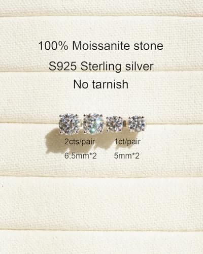 BLINGDIARY Moissanite Stud Earrings, 925 Sterling Silver 18K White Gold Plating Studs for Women Men, Wedding Jewelry Engagement Earrings (Four Prongs, 1cts/pair(5mm each stone)) - Thumbnail 2