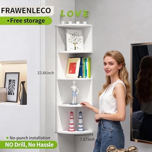 FRAWENLECO No-Drill Corner Shelf Wall Mount, 5-Tier Floating Corner Bookshelf with Hooks, Space-Saving Zigzag Plant Shelf for Bedroom, Living Room, Bathroom, Home Office - Thumbnail 2