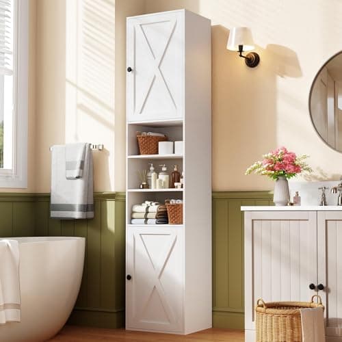 70.8" Tall Bathroom Storage Cabinet with 2 Barn Doors, Narrow Storage Cabinet with Adjustable Shelves & Open Compartments, Slim Floor Cabinet for Bathroom, Kitchen, Entryway, Living Room, White