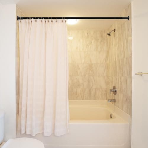 ZOCONE Tension Curtain Rod 51-128 In (4.25-10.5Ft), Shower Curtain Rod No Drilling for Bathroom, Outdoor Curtain Rods for Patio, Adjustable Spring Shower Rod Room Divider Closet Rod, Never Rust, Black - Thumbnail 4