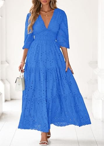 Lazysmile Long Sleeve Dresses for Women V Neck Hollow Out Eyelet Ruffle Swing A-Line Fall Vacation Boho Maxi Dress Dark Royal Blue - Thumbnail 4