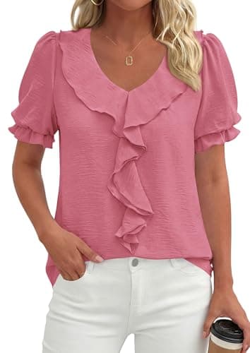 PRETTYGARDEN Women's Summer Dressy Casual Blouses 2026 Short Sleeve V Neck Ruffle Business Work Tops Trendy Spring Outfits (Dark Pink,Medium) - Thumbnail 2