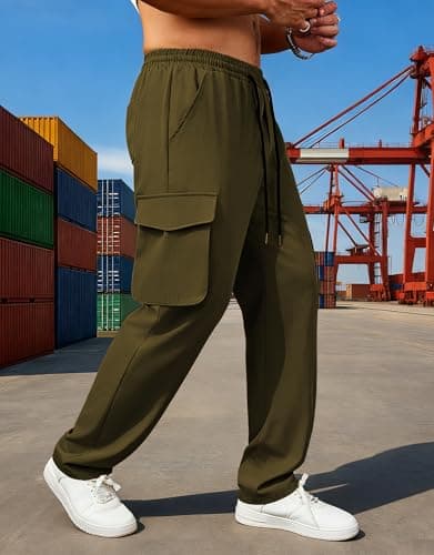 DISLANBO Men's Lightweight Cargo Pants Elastic Drawstring Casual Relaxed Fit Tapered Pants Multi Pockets ArmyGreen 3XL - Thumbnail 4