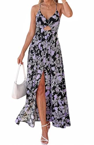 BTFBM Summer Dresses for Women 2026 Spring Floral Spaghetti Strap Smocked Cutout Maxi Dress Resort Beach Vacation Outfit(Floral Black Purple, Large) - Thumbnail 6