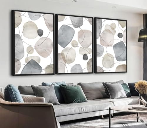 Large Abstract Canvas Wall Art - Geometric Framed Wall Decor Modern Circles and Lines Paintings Light Colors Minimalist Pictures for Living Room Bedroom Office Bathroom 20" X 28" X 3 Panels - Image 1