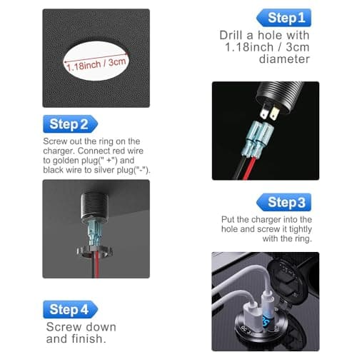 Aluminum Alloy USB C Car Charger Socket,12V USB C Outlet, PD 36W and Quick Charge 3.0 18W Dual Port Waterproof Power Adapter with Voltmeter and Switch for Marine Truck Motorcycle Boat Golf cart RV - Thumbnail 6