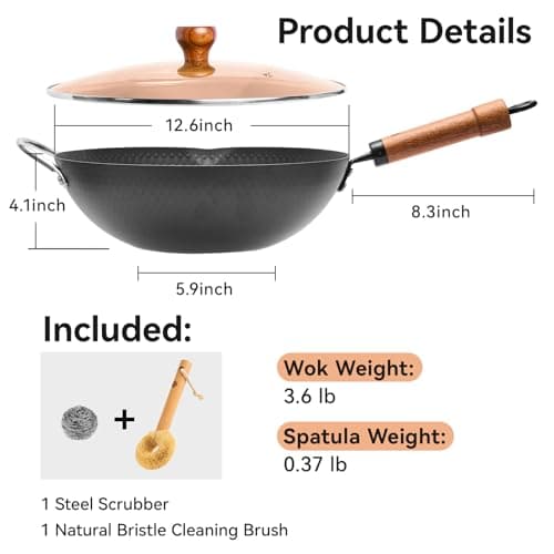 WANGYUANJI Carbon Steel Wok Pan, 12.6 Inch Flat Bottom Stir Fry Pan with Lid, Uncoated Heavy Duty Iron Wok for Induction and Gas Stoves - Thumbnail 2
