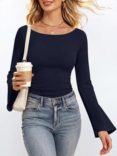 ANRABESS Women Bell Long Sleeve Shirts Boat Neck Top Navy Blue X-Large - Thumbnail 5