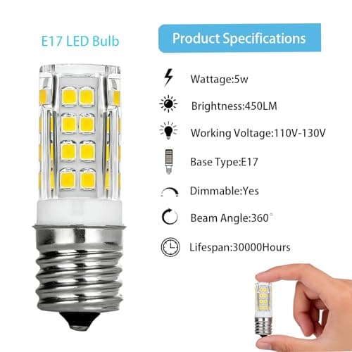 E17 LED Bulb Dimmable, 5W Microwave Over Stove Bulb, 400 LM, 6000K Daylight white,120V,40W Incandescent Equivalent, Replacement for Microwave, oven stovetops, Range Hoods, and Refrigerator, 2 pack - Thumbnail 3