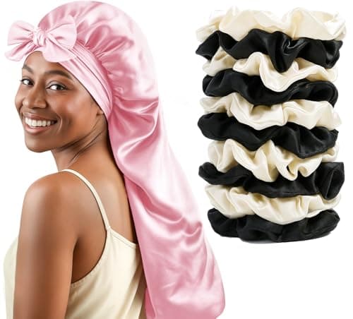 Women's Silky Bonnet - Long Tie Sleep Cap, Curly/Natural Hair, Adj. Night Hat, +10 Scrunchies, Mom/Wife - Image 1
