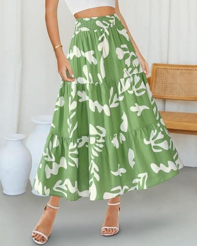 BTFBM Skirts for Women Summer 2026 Floral Print A Line Elastic High Waist Boho Maxi Skirt Spring Fashion Clothing Pocket(Leaf Green, XX-Large) - Thumbnail 3