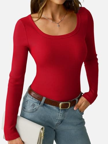 GKBK Ribbed Long Sleeve Tops for Women Scoop Neck Fitted Basic Tight T-Shirts Cute Layering Tops Lightweight Fall Sweaters 2025 Fashion Outfits Winter Clothes Red - Thumbnail 2