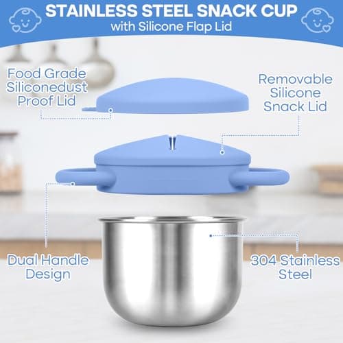 KLCKH 2-Pack Stainless Steel Snack Cup for Toddlers Spill-Proof, Baby Food Containers with Removable Silicone Lids & Handles | Dishwasher Safe, BPA-Free On-the-Go Kids Snack Containers Box - Thumbnail 3