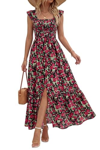 dowerme Womens Summer Maxi Dresses 2026 Casual Ruffle Sleeve Button Smocked Floral Slit Boho Dress Spring Beach Sundress(Black Red Flower,Small) - Image 1