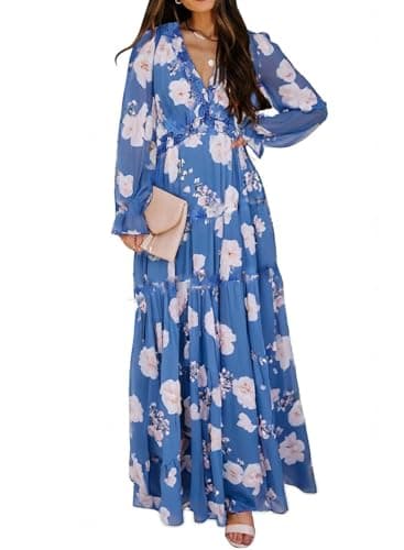 BLENCOT Women's Casual Boho Floral Printed Deep V Neck Loose Long Sleeve Long Evening Dress Ruched Cocktail Party Maxi Wedding Dress Blue White Medium - Image 1