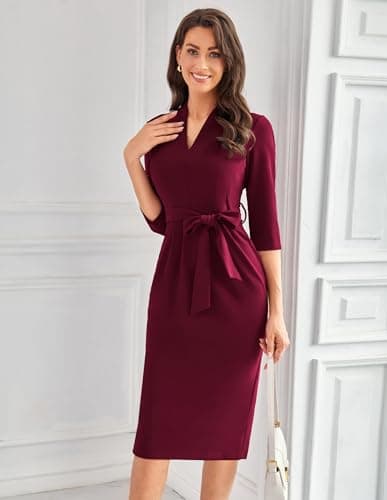 Office Dresses V Neck 3/4 Sleeve Church Dresses for Women Midi Pencil Dress L Burgundy - Thumbnail 3