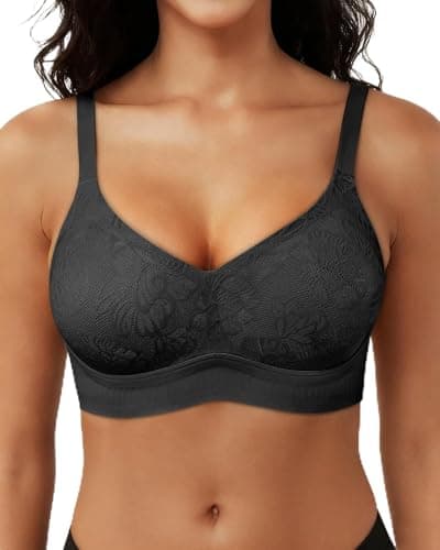 HORISUN Lace Jelly Bras for Women No Underwire Seamless Wireless Push Up Supportive V Neck No Wire Full Coverage Bralettes (Lace Black 36D) - Image 1