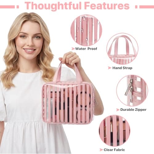 Edelefas Clear Pink Striped PVC Makeup Bag, Large 10.2 x 7.9 x 3.1 Inch Waterproof Travel Toiletry Bag with Handle, TSA Approved Clear Cosmetic Organizer for Travel Gym Bathroom - Thumbnail 3