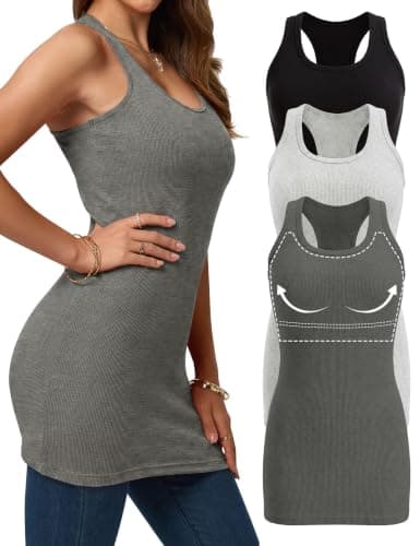 Missclub 3 Pack Grey Shelf Bra Tank Tops for Women Ribbed Racerback Long Tank Top with Shelf Bra Cotton Tunics M - Image 1