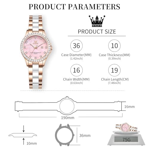 OLEVS Women's Rose Gold Watch for Women Water Resistant Watches Quartz Day Date Ceramic Stainless Steel Band Luxury Pink Mother of Pearl Diamond Dial Elegant Ladies Dress Wrist Watch Gift for Her - Thumbnail 6