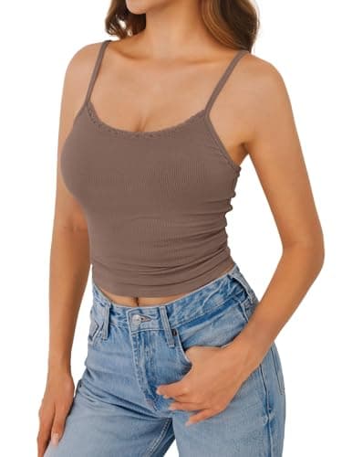 GKBK Women Lace Tank Top Y2K Slim Fit Low Cut Adjustable Spaghetti Strap Sleeveless Camisole Cute Basic Summer Going Out Tops Brown L - Thumbnail 2