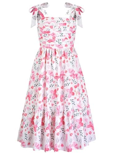 Dolxico Girls Floral Dress Summer Ruched Flowy Chiffon Tiered Cami Dresses with Pockets Kids Hawaiian Beach Vacation Wedding Birthday Sleeveless A-Line Midi Sundress for 12-14 Years(Pink Butterfly) - Image 1