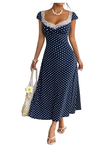 Milumia Women's Polka Dots Lace Trim Maxi Dress Sweetheart Neck Short Sleeve A Line Dresses Deep Blue Small - Image 1