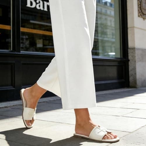 Athlefit Flat Sandals for Women Dressy Square Open Toe Comfortable Slip On Summer Beach Casual Slide Sandals Ivory Size 7 - Thumbnail 3