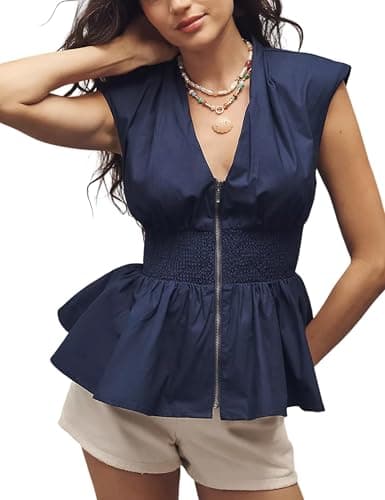 Wefebi Women's Casual V Neck Shirt Front Zip Cap Sleeves Tank Tops Pleated Waist Blouse(Navy-S) - Image 1