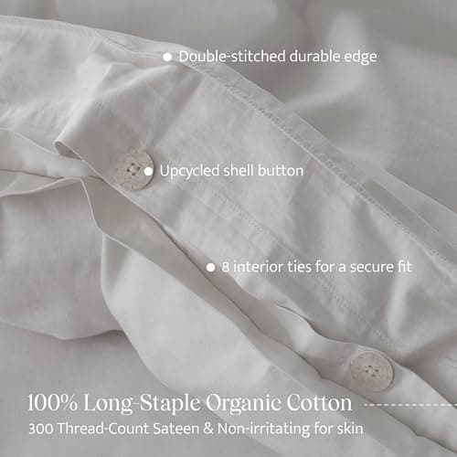 Double Stitch 100% Organic Cotton Duvet Cover - Soft 3 Piece Bedding Set Queen Size, 300 TC Luxury Hotel Sateen Weave, GOTS Certified Long Staple Cotton, Made in India, Winter Sky - Thumbnail 3