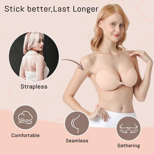 GKHWON Sticky Push Up Strapless Bras for Women,Ultra Adhesive Bra for Backless Dress,Invisible Silicon Bra with Nipple Covers (A Cup,Nude) - Thumbnail 2