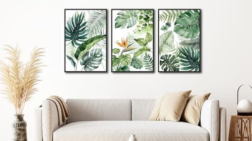 Large Framed Botanical Wall Art Canvas Prints Set of 3, Tropical Plants Pictures Foliage Bird of Paradise Art, Green Leaf Bohemian Painting Artwork for Living Room Bedroom Office Decor 24"x36"x3 - Thumbnail 2