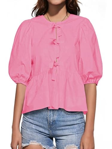 Tankaneo Womens Tie Front Tops Summer Peplum Babydoll Puff Short Sleeve Blouse Cute Cotton Shirts Hot Pink - Image 1