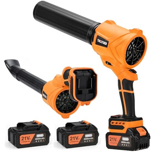 TNELTUEB Leaf Blower Cordless, 21V Battery Powered 980000 RPM 180° Rotating Handheld Electric Leaf Blower with 6 Speed Control, 2 x4Ah Batteries & Charger Dust Leaves Blower for Lawn Care, Yard,Orange - Image 1