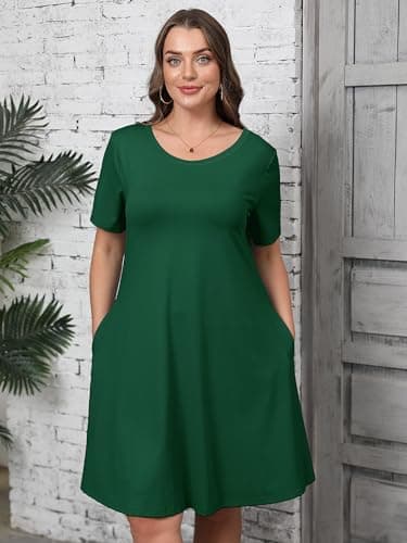 AusLook Plus Size Midi Dress for Women Casual Summer Short Sleeve A Line Swing Dark Green 3X Dress with Pockets Round Neck Flowy Knee Length T Shirt Vacation Beach Sundress - Thumbnail 3