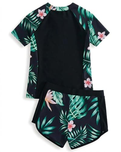 DivingBirds Girls Swimsuit 2 Piece Swim Set Short Sleeve Bathing Suit with Shorts Front Zip Modest Swimwear for Girls 9-10 Years Black Leaves - Thumbnail 3