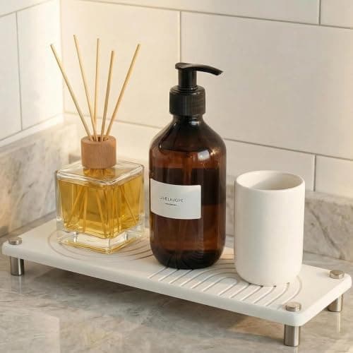 Diatomite Sink Tray - Zen Design Bathroom Counter Tray for Soap, Toothbrush & Skincare, Water Absorbing Stone Tray for Sink Fast Drying and Non-Slip (White) - Image 1