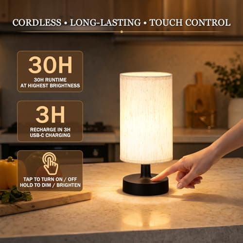 Kakanuo Cordless Table Lamp Rechargeable Small - 1 Pack Beige Black, 4000mAh Battery Operated Lamp with Touch Control Stepless Dimming, Wireless Lamp for Bedside, Nightstand, Bedroom, Living Room - Thumbnail 2