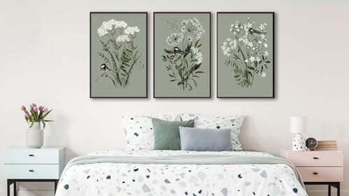 Large Flowers Canvas Wall Art - Wood Framed Wall Pictures Aesthetic Botanical Spring Plants Paintings Sage Green Artwork Prints for Living Room Bedroom Office Home Decor 24" X 36" X 3 Panels - Thumbnail 3