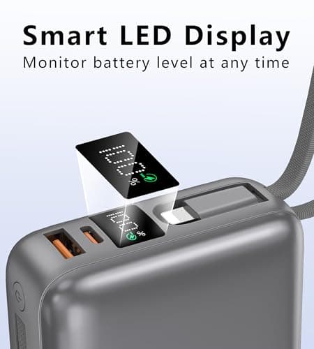 VINKO Portable Charger with Built in Cable Power Bank 22.5W 20000mAh Fast Charging USB C in & Out LED Display Phone Battery Pack Compatible with iPhone Samsung Android Phones Tablets (Gray) - Thumbnail 4