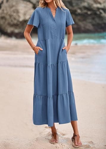 KIRUNDO Summer Maxi Dresses for Women 2026 Spring Fashion Short Sleeve Button V Neck Pleated Loose Tiered Swing Flowy Dress(Blue, Large) - Thumbnail 5