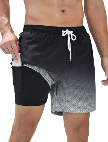 SILKWORLD Mens Swimming Trunks with Compression Liner Quick Dry Swim Shorts with Zipper Pockets, Black Grey Gradient, X-Large - Image 1