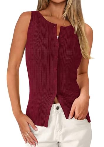 PRETTYGARDEN Sleeveless Button Down Shirts for Women Summer 2026 Going Out Ribbed Knit Tank Tops Y2K Clothes Trendy Vest Tops(Wine Red,Large) - Image 1